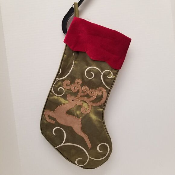 Green satin and velvet deer Christmas stocking 18 inches tall - Picture 1 of 8